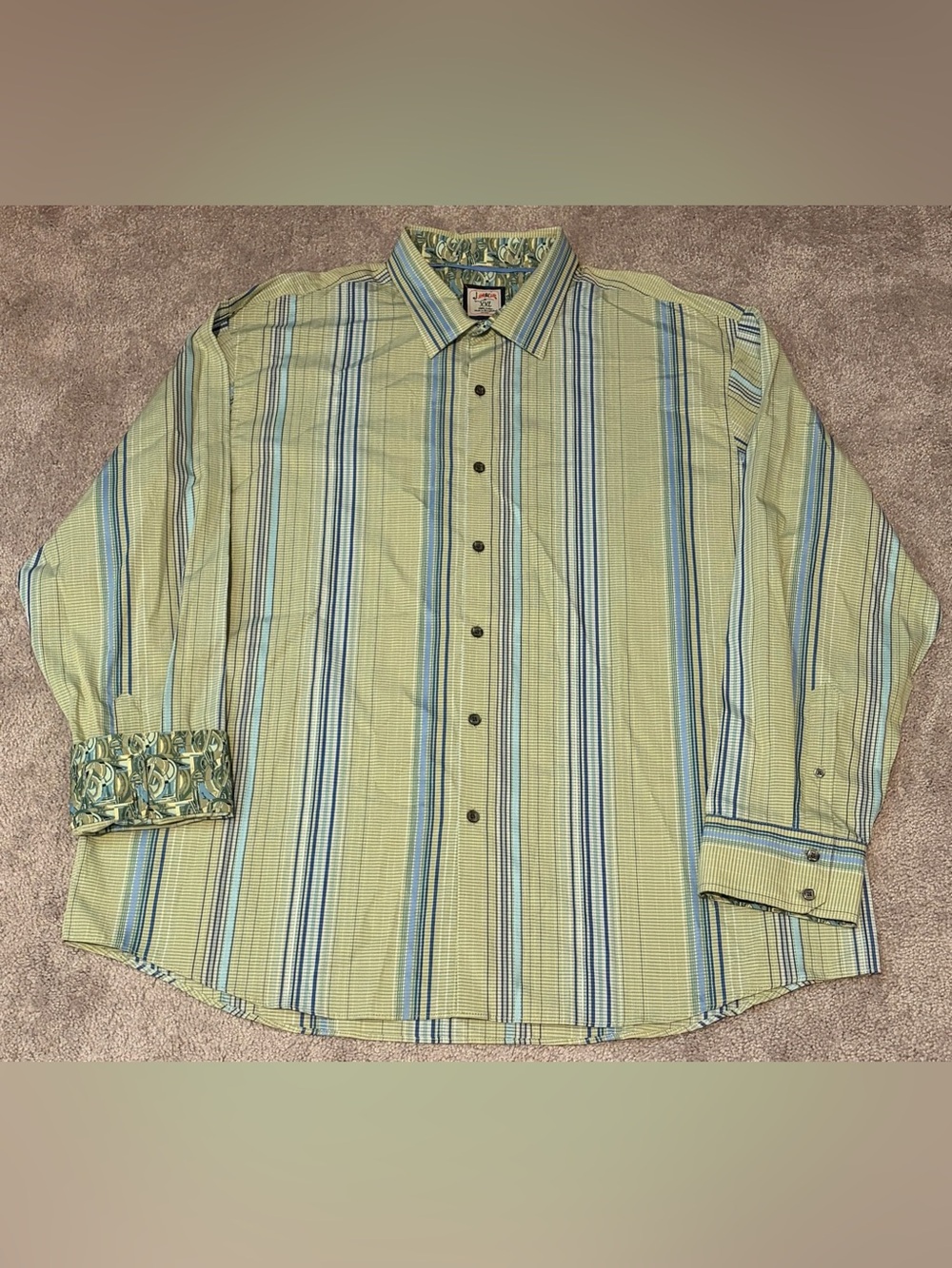 J Garcia Men's Long Sleeve Flip Cuff Button Up Shirt Size 2XL Green Blue Stripe